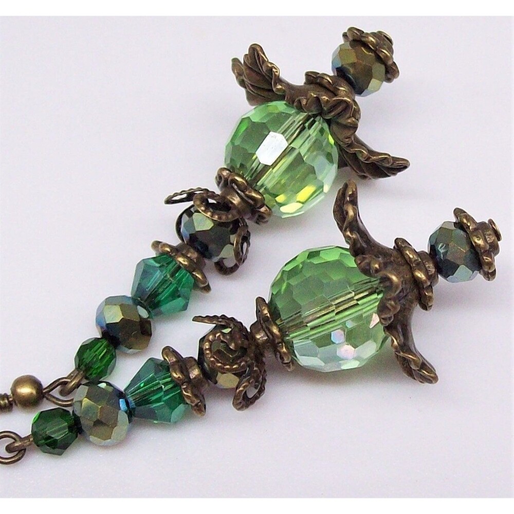 Crystal Earrings Art Nouveau Vintage Style, Green, Antique Bronze, Artisan Craft